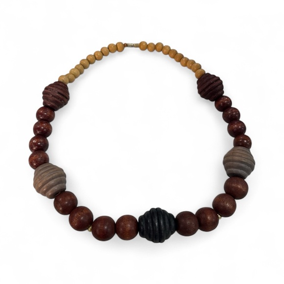🌿 Vintage Chunky Wooden Bead Statement Necklace - Picture 3 of 3